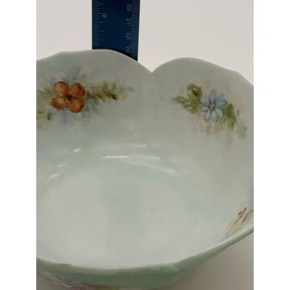 Vintage Hand Painted Floral Porcelain Scalloped Bowl Artist Signed 8 Inch